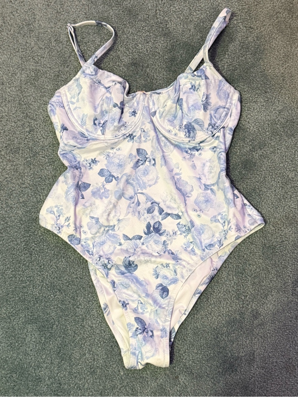 Victoria's Secret Underwire Light Blue and White Floral One-Piece Swimsuit L